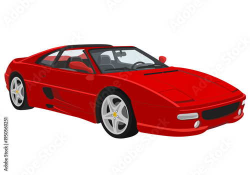 Red Exotic Supercar Vector Illustration, Classic 1990s Luxury Sports Car with Open Top