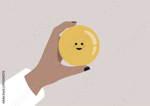 A hand gently cradles a bright yellow smiley face ball, symbolizing joy and positivity, The warm tones create a cheerful atmosphere, inviting happiness into the scene.