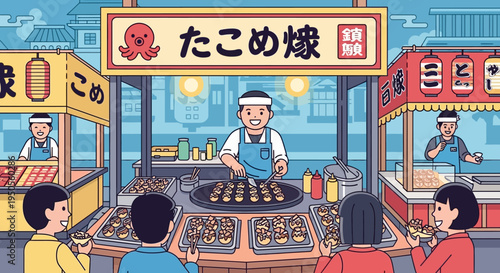 Japanese street food stall selling takoyaki with happy customers enjoying the popular snack.