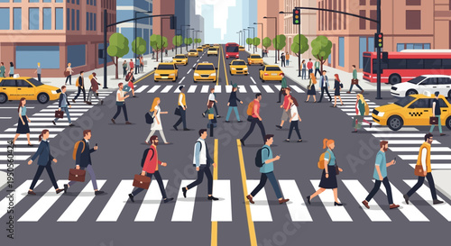 Busy City Street with Pedestrians Crossing at Crosswalk, Yellow Taxis, and Buses