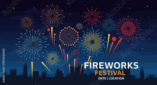 Colorful Fireworks Festival Over City Skyline at Night