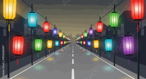 Colorful Lanterns Illuminate Road at Night, Festive Celebration Atmosphere