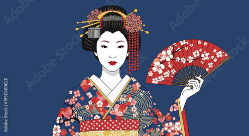 Elegant Geisha Holding Cherry Blossom Fan on Blue Background