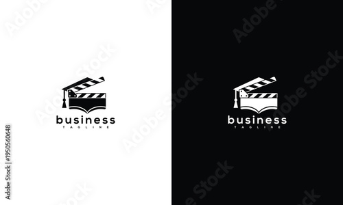 Film Clapperboard Book Logo Design Vector. Creative Media Production  Education Branding Mark.