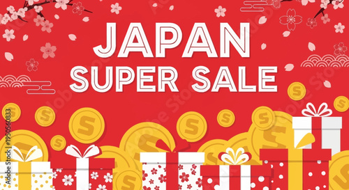 Japan Super Sale Banner with Gifts and Gold Coins, Cherry Blossoms
