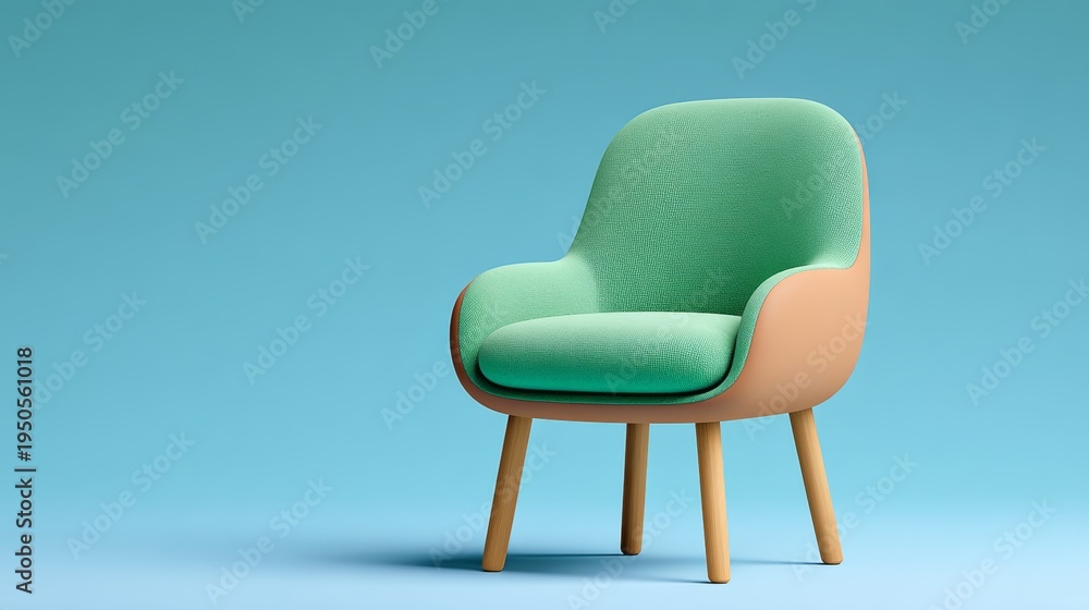 Fototapeta premium Modern green upholstered chair with wooden legs positioned against a light blue background, showcasing a minimalist design suitable for contemporary interiors