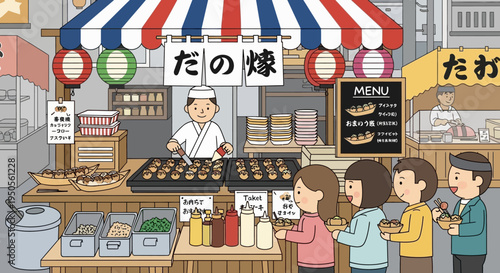 Japanese Takoyaki Street Food Stall with Customers