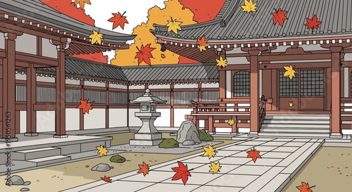 Japanese Temple Courtyard in Autumn with Falling Maple Leaves