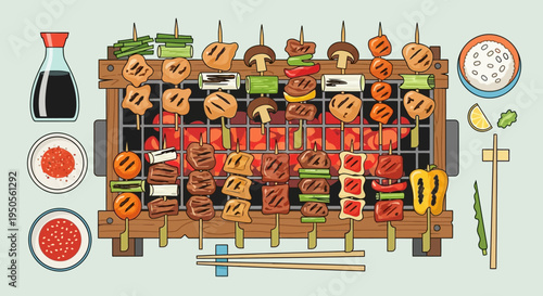 Japanese Yakitori Skewers Grilling on a Hibachi Grill with Condiments