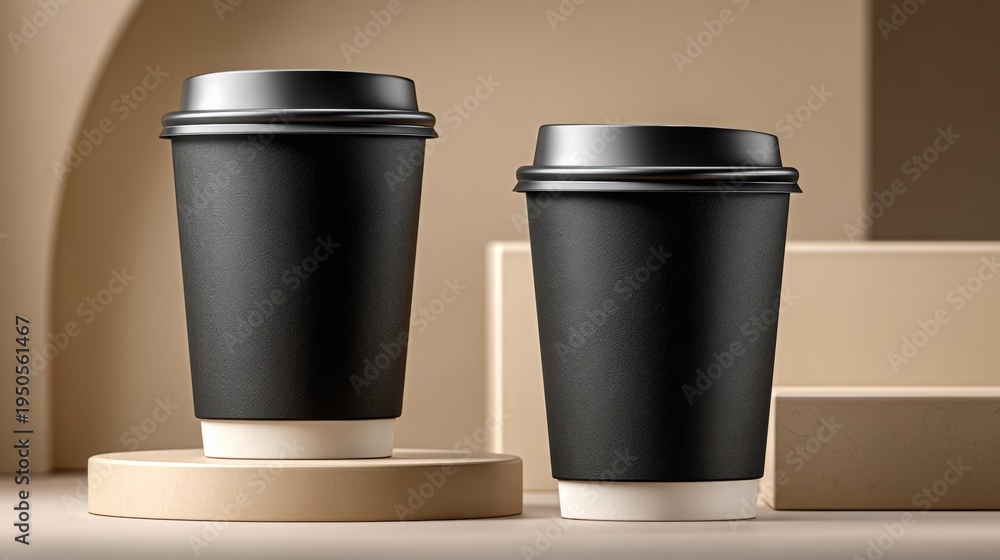 custom made wallpaper toronto digitalTwo black disposable coffee cups with lids placed on a beige circular platform against a soft neutral background featuring geometric shapes and textures
