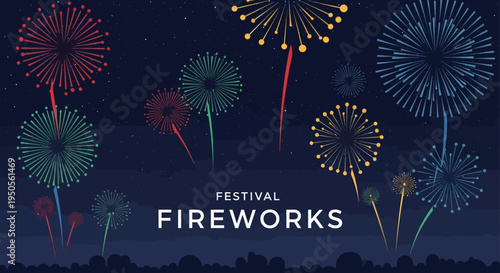 Colorful Fireworks Festival Celebration at Night Sky with Cityscape Silhouette