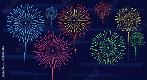 Colorful Fireworks Display on Dark Night Sky Background