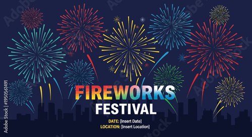 Colorful Fireworks Festival Celebration Over City Skyline at Night