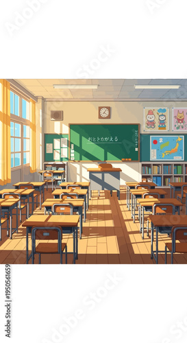 Empty Classroom with Sunlight Streaming Through Windows, Desks, and Chalkboard