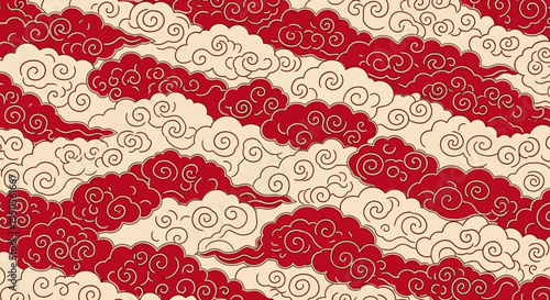 Traditional Japanese Red and Cream Clouds Seamless Pattern