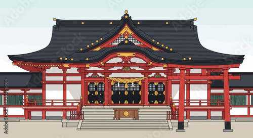 Traditional Japanese Shrine Architecture with Torii Gate, Pixel Art Style