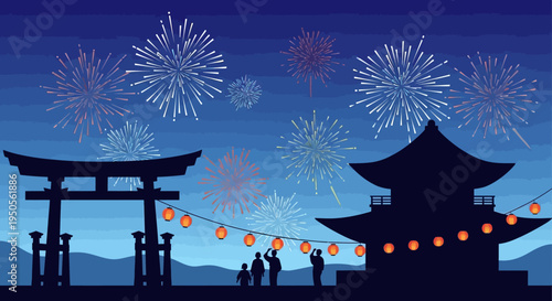 Japanese Festival Night: Torii Gate, Pagoda, Fireworks, and Family Silhouette