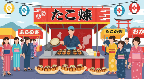 Japanese Summer Festival Food Stall Selling Takoyaki with People in Yukata
