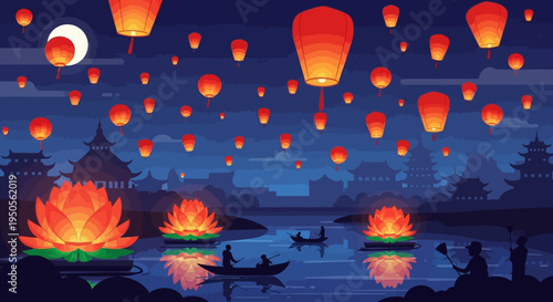 Night Lantern Festival Over Lake with Lotus Flowers and Pagodas