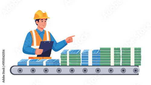 Financial Inspector: An illustration depicts a financial inspector overseeing a conveyor belt laden with neatly stacked currency, symbolizing efficiency and control in financial processes.