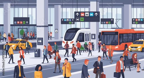 Busy multimodal transport hub with people, train, bus, and taxis