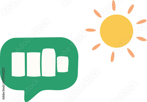 A flat vector illustration of a battery level indicator with a sun icon symbolizing solar energy charging and renewable power.