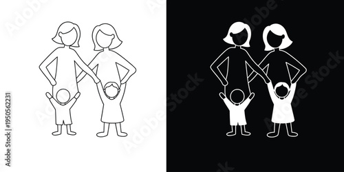 Happy Family Icon: Two Women and Two Children in Simple Outline Style, Black and White