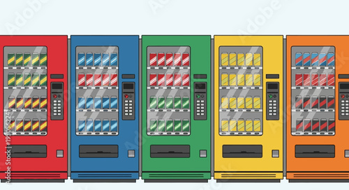 Colorful Vending Machines Lined Up, Offering Variety of Drinks