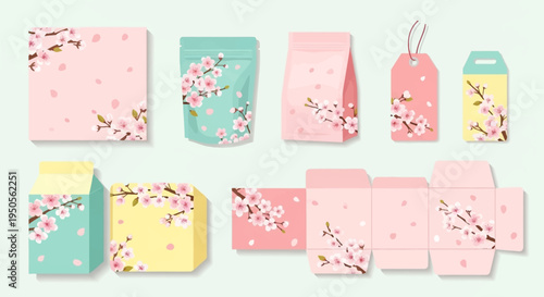 Cherry Blossom Packaging Design Templates with Pink Flowers and Petals
