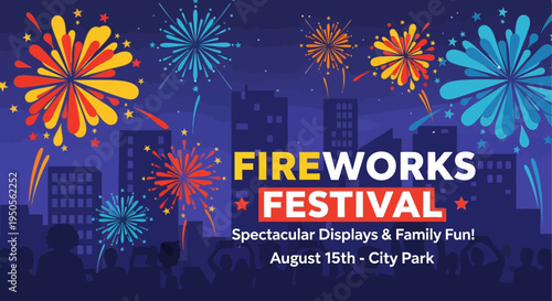 Colorful Fireworks Festival Over City Skyline at Night, Celebration Event