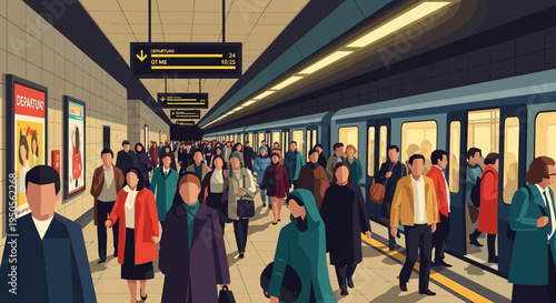 Crowded Subway Station Platform with Commuters Boarding a Train