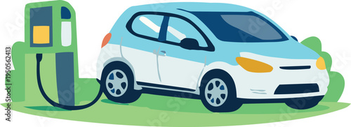 A flat vector illustration of an electric car connected to a charging station, representing eco-friendly transportation and sustainable energy use.