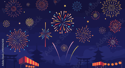 Vibrant Fireworks Display Over Traditional Japanese Temples and Lanterns at Night
