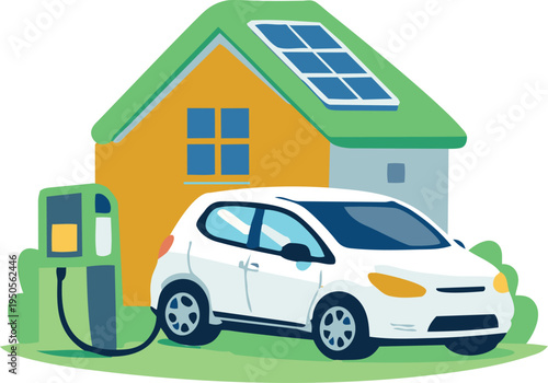 A flat vector illustration of an electric car charging at a home charging station with solar panels installed on the house roof.