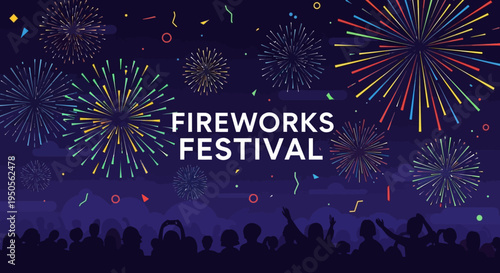 Fireworks Festival Celebration Crowd Cheering Night Sky Colorful Explosions