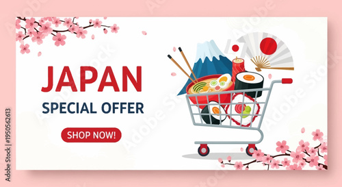 Japan Special Offer Shopping Cart with Sushi, Ramen, Mount Fuji, and Fan