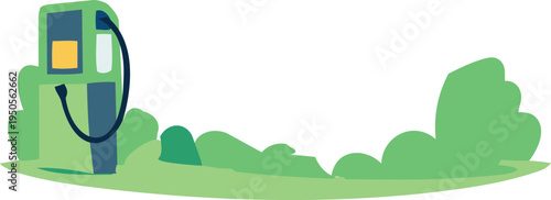 A flat vector illustration of an electric vehicle charging station standing in a green landscape representing eco-friendly transportation infrastructure.