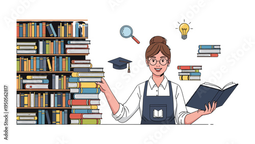 Curated Knowledge: A dedicated librarian stands amidst towering stacks of books, with the tools of learning floating overhead, and open book, inspiring wisdom and exploration.