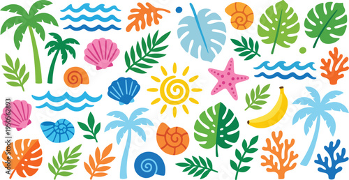 Tropical Summer Elements Vector Collection, Tropical Leaves and Sea Life Illustration Pack