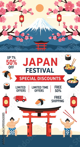 Japan Festival Special Discounts with Mount Fuji, Torii Gate, Sumo Wrestlers, and Sushi
