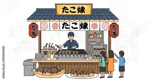 Japanese Street Food Vendor Selling Takoyaki to Customers