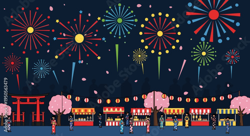 Japanese Summer Festival with Fireworks and Cherry Blossoms