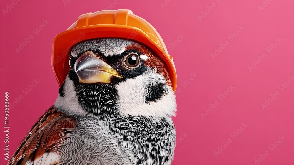 Obraz premium Sparrow bird wearing an orange construction helmet against a bright pink background, showcasing a whimsical and playful design with detailed feathers and facial features