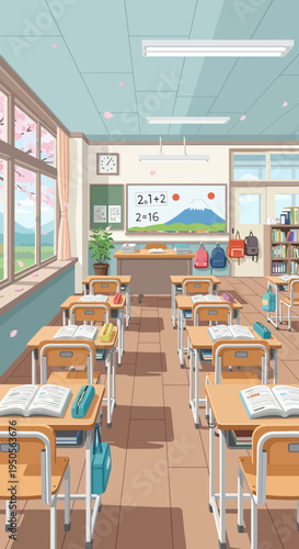 Anime Classroom Interior with Cherry Blossoms and Mount Fuji Painting
