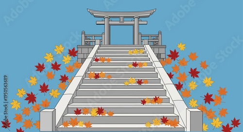 Autumn Staircase to Torii Gate with Falling Maple Leaves
