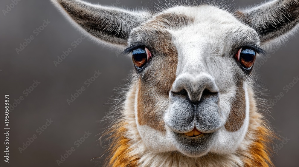 Obraz premium Close-up portrait of a llama with distinctive facial features and expressive eyes, showcasing its soft fur and prominent ears against a blurred background