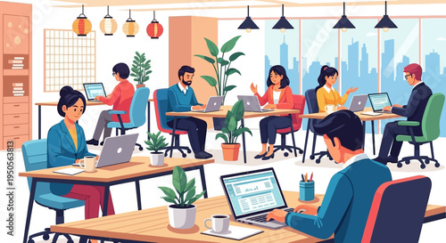 Diverse Team Working in Modern Open-Plan Office, Collaboration and Productivity