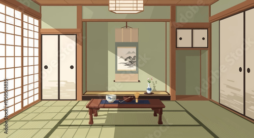Traditional Japanese Room Interior with Tatami Mats, Shoji Screens, and Tea Set