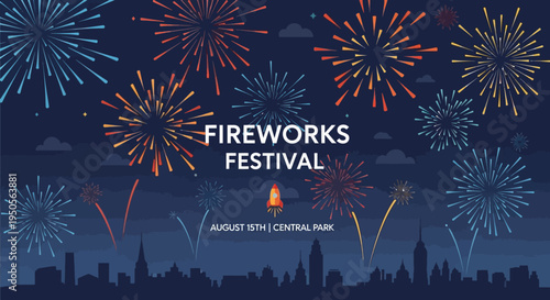 Fireworks Festival Celebration Over City Skyline at Night