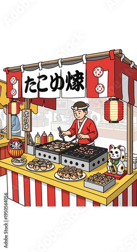 Japanese street food stall selling takoyaki, traditional festival food